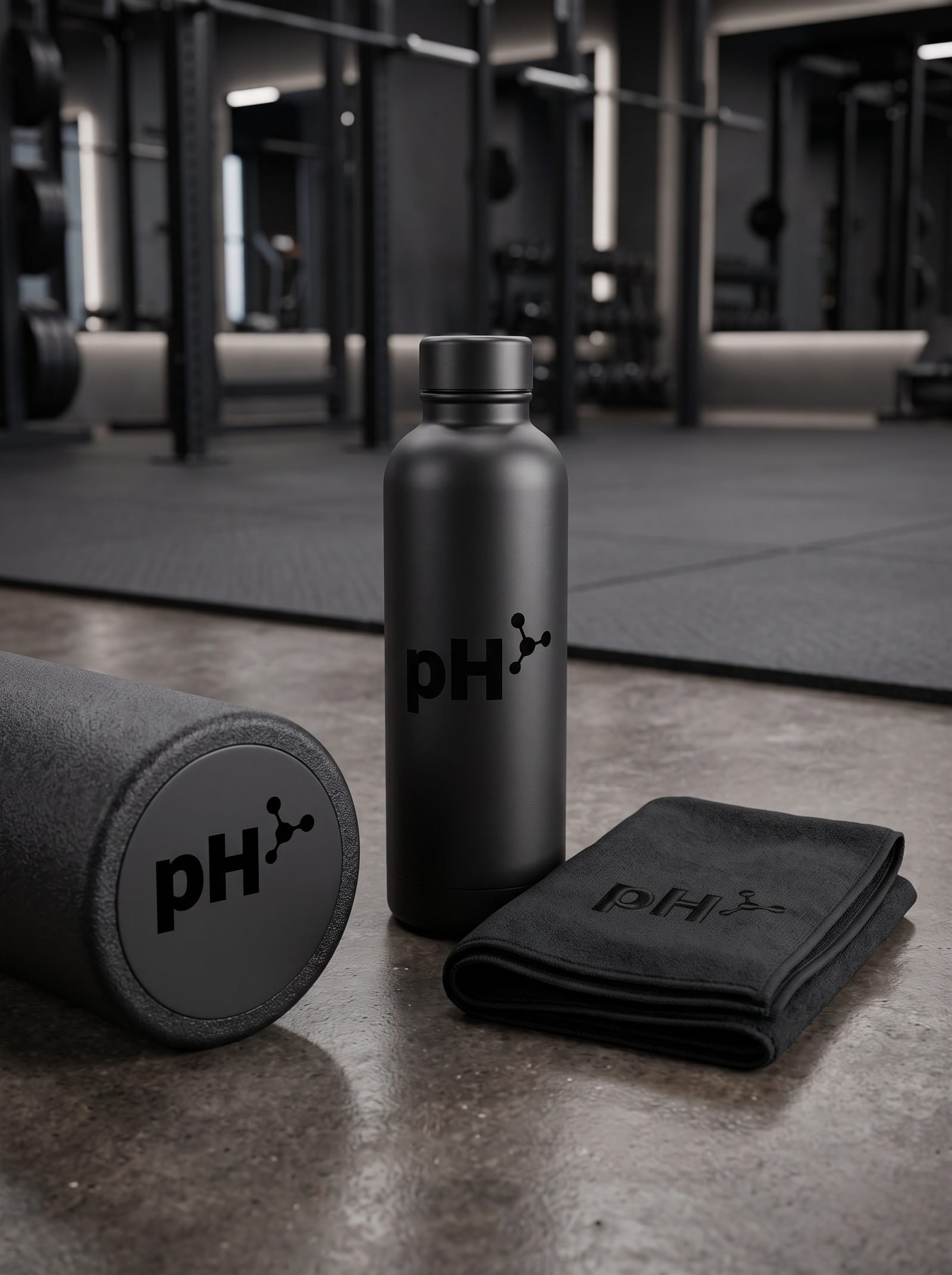 pH gym accessories — insulated bottle, towel and foam roller